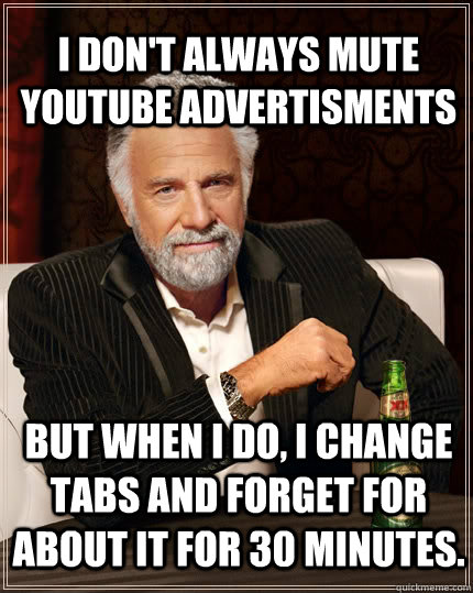 I don't always mute youtube advertisments but when I do, I change tabs and forget for about it for 30 minutes.  The Most Interesting Man In The World