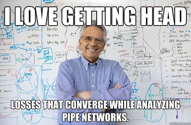 I love getting head losses that converge while analyzing pipe networks. - I love getting head losses that converge while analyzing pipe networks.  Engineering Professor