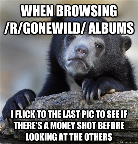 When browsing /r/gonewild/ albums I flick to the last pic to see if there's a money shot before looking at the others  Confession Bear