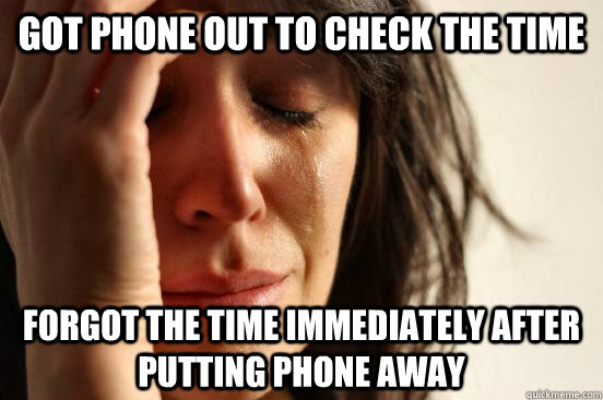 Got phone out to check the time Forgot the time immediately after putting phone away - Got phone out to check the time Forgot the time immediately after putting phone away  First World Problems