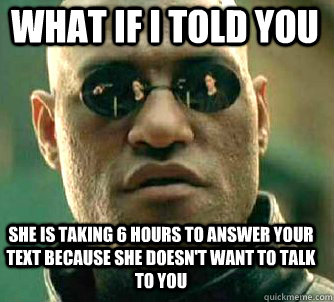 what if i told you she is taking 6 hours to answer your text because she doesn't want to talk to you  Matrix Morpheus