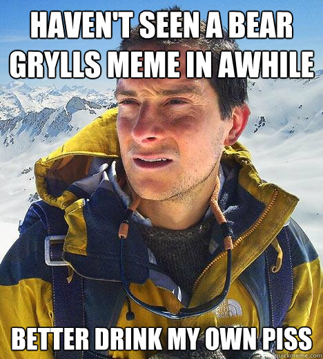 Haven't seen a bear grylls meme in awhile better drink my own piss  Bear Grylls