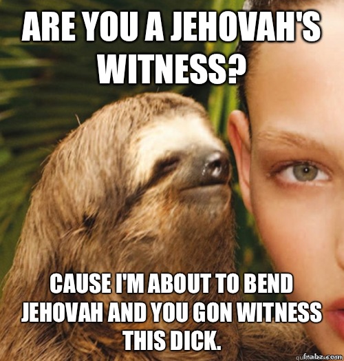 Are you a Jehovah's Witness? Cause I'm about to bend Jehovah and you gon witness this dick.  rape sloth