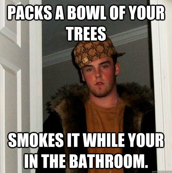 Packs a bowl of your trees smokes it while your in the bathroom.  Scumbag Steve