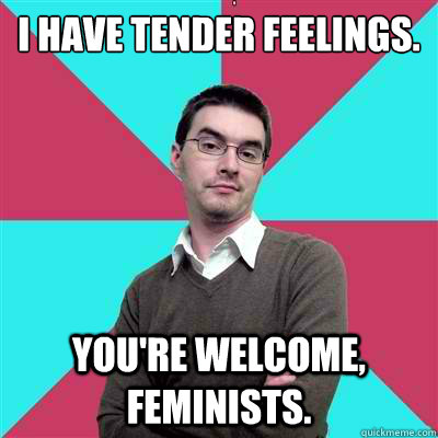 I have tender feelings. You're welcome, feminists.  Privilege Denying Dude