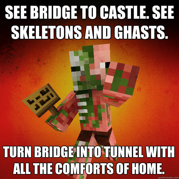 See bridge to castle. See skeletons and ghasts. Turn bridge into tunnel with all the comforts of home.  Zombie Pigman Zisteau