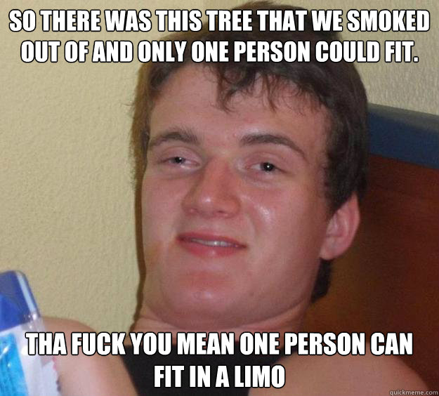 So there was this tree that we smoked out of and only one person could fit. Tha fuck you mean one person can fit in a limo  10 Guy