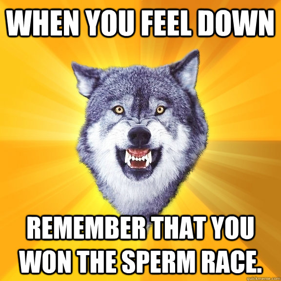 When you feel down remember that you won the sperm race.  Courage Wolf