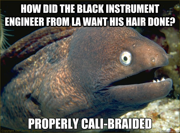 How did the black instrument engineer from LA want his hair done? Properly cali-braided  Bad Joke Eel