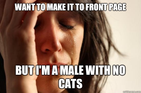 Want to make it to front page But I'm a male with no cats  First World Problems