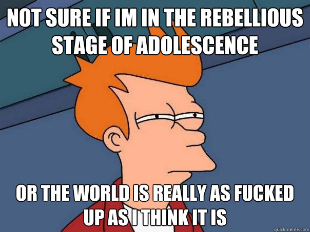 Not sure if im in the rebellious stage of adolescence  or the world is really as fucked up as i think it is - Not sure if im in the rebellious stage of adolescence  or the world is really as fucked up as i think it is  Futurama Fry