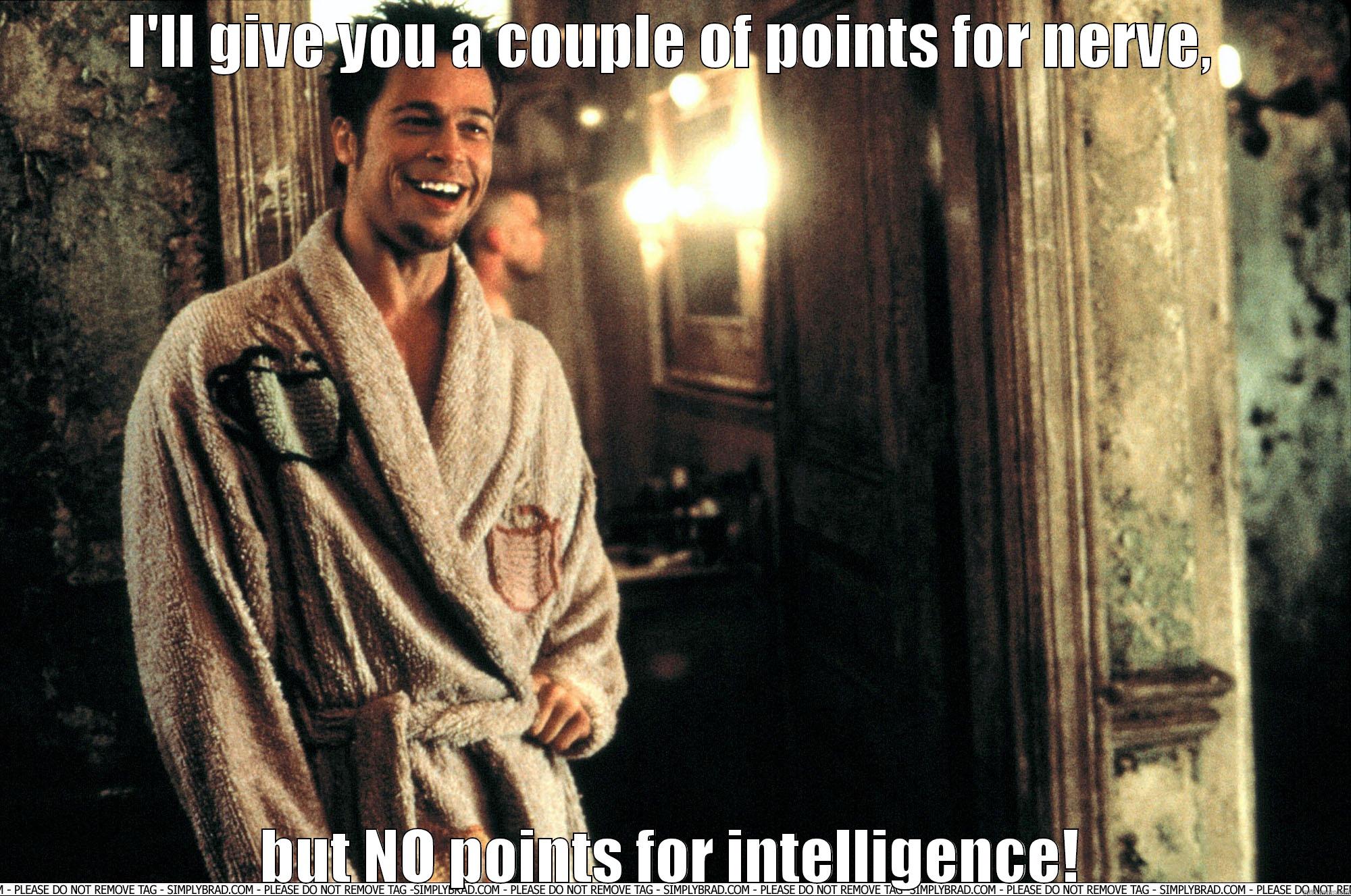 Tyler Durden laughing at you - I'LL GIVE YOU A COUPLE OF POINTS FOR NERVE, BUT NO POINTS FOR INTELLIGENCE! Misc