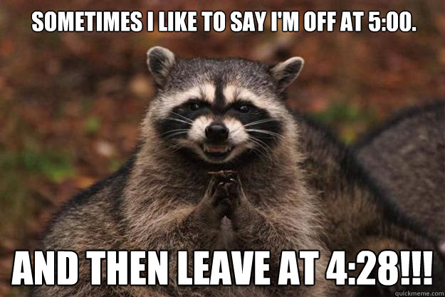 Sometimes i like to say i'm off at 5:00. AND THEN LEAVE AT 4:28!!!  Evil Plotting Raccoon