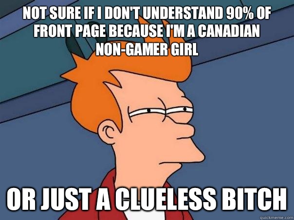 Not sure if I don't understand 90% of front page because I'm a Canadian non-gamer girl Or just a clueless bitch  Futurama Fry