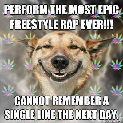 Perform the most epic freestyle rap ever!!! Cannot remember a single line the next day.  Stoner Dog