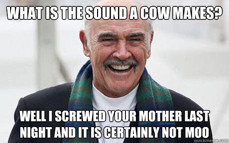 What is the sound a cow makes? Well i screwed your mother last night and it is certainly not moo  