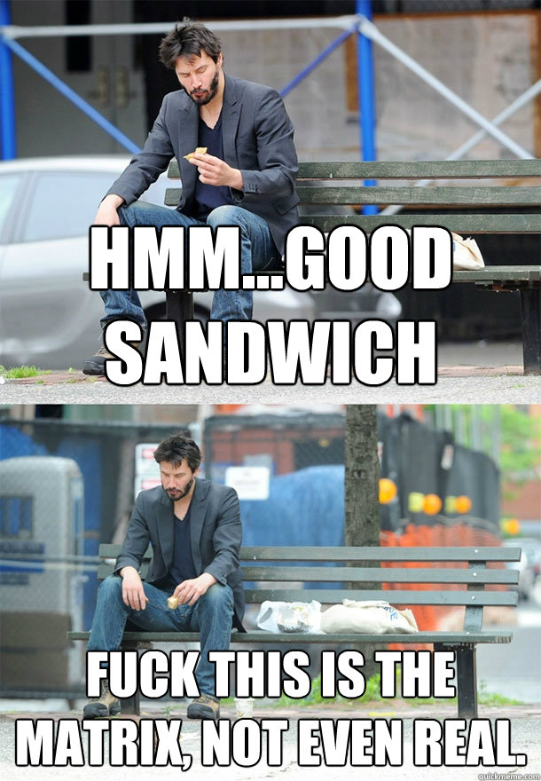 Hmm...Good sandwich Fuck this is the matrix, not even real. - Hmm...Good sandwich Fuck this is the matrix, not even real.  Sad Keanu