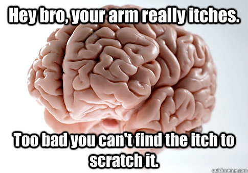 Hey bro, your arm really itches. Too bad you can't find the itch to scratch it.   Scumbag Brain