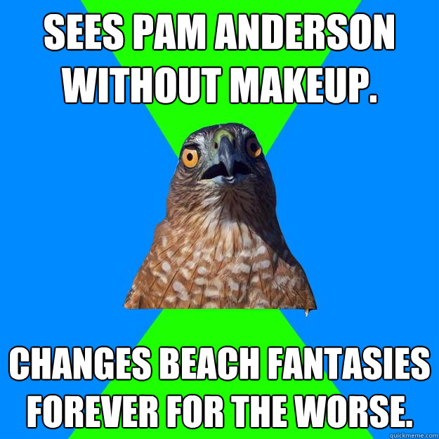 Sees Pam Anderson without makeup. Changes beach fantasies forever for the worse.  Hawkward