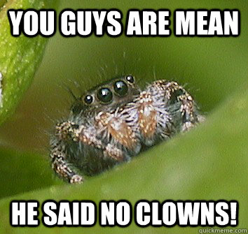 You guys are mean He said no clowns!  Misunderstood Spider