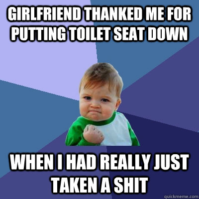 Girlfriend thanked me for putting toilet seat down when i had really just taken a shit - Girlfriend thanked me for putting toilet seat down when i had really just taken a shit  Success Kid