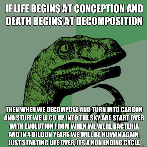 if life begins at conception and death begins at decomposition  then when we decompose and turn into carbon and stuff we'll go up into the sky are start over with evolution from when we were bacteria and in 4 Billion years we will be human again, just sta  Philosoraptor