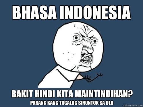 Bhasa Indonesia  bakit hindi kita maintindihan? parang kang Tagalog sinuntok sa ulo  Y U No