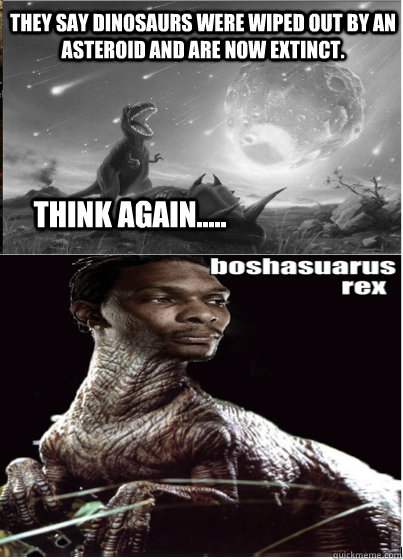 They say dinosaurs were wiped out by an asteroid and are now extinct.  Think Again..... - They say dinosaurs were wiped out by an asteroid and are now extinct.  Think Again.....  Boshasaurus Rex NF