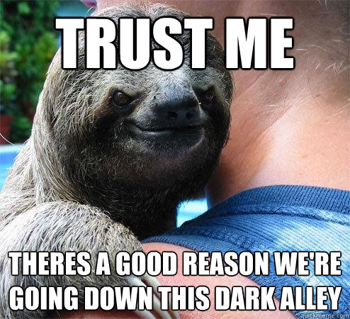 trust me theres a good reason we're going down this dark alley
  Suspiciously Evil Sloth