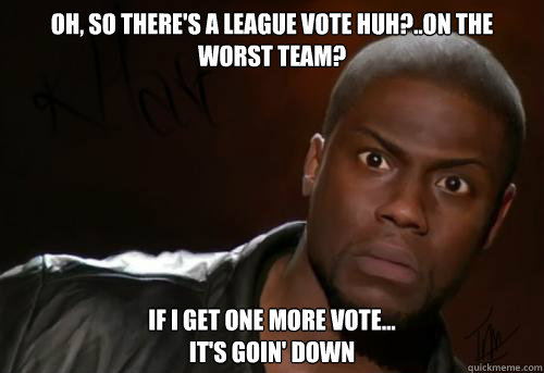 oh, so there's a league vote huh?..on the worst team? IF I GET ONE MORE VOTE...
it's goin' down - oh, so there's a league vote huh?..on the worst team? IF I GET ONE MORE VOTE...
it's goin' down  Kevin Hart