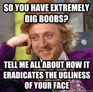 so you have extremely big boobs? Tell me all about how it eradicates the ugliness of your face  Condescending Wonka