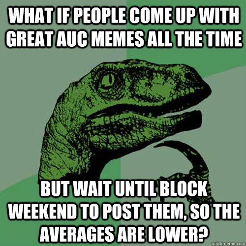 What if people come up with great AUC memes all the time But wait until block weekend to post them, so the averages are lower? - What if people come up with great AUC memes all the time But wait until block weekend to post them, so the averages are lower?  Philosoraptor