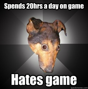 Spends 20hrs a day on game Hates game  Depression Dog