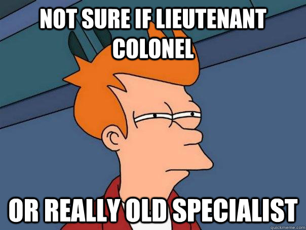 Not sure if lieutenant colonel Or really old specialist  Futurama Fry