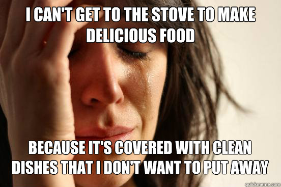 I can't get to the stove to make delicious food because it's covered with clean dishes that i don't want to put away   First World Problems