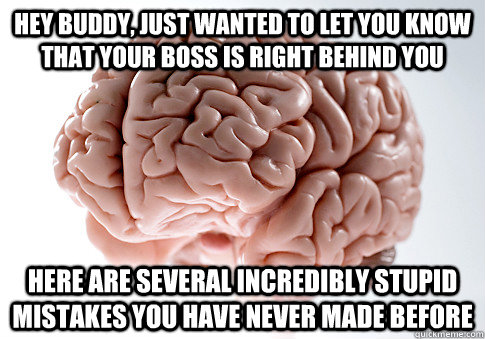 hey buddy, just wanted to let you know that your boss is right behind you here are several incredibly stupid mistakes you have never made before  Scumbag Brain