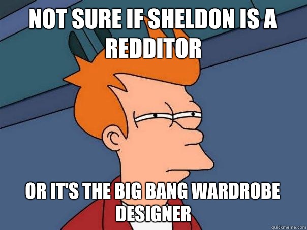 Not sure if Sheldon is a Redditor Or it's the big bang wardrobe designer  Futurama Fry