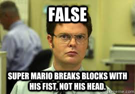 FALSE Super Mario breaks blocks with his fist, not his head.  Dwight False