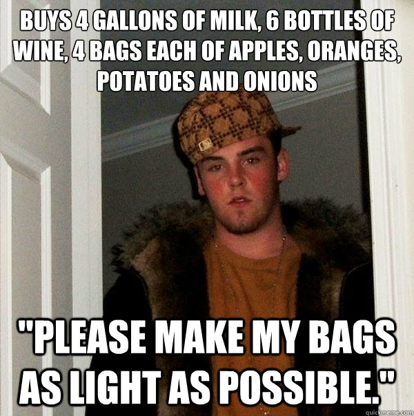 Buys 4 gallons of milk, 6 bottles of wine, 4 bags each of apples, oranges, potatoes and onions 