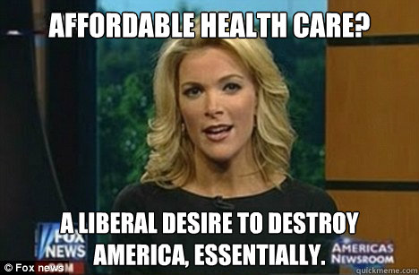 affordable health care? a liberal desire to destroy america, essentially.  Megyn Kelly