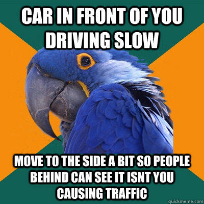 car in front of you driving slow move to the side a bit so people behind can see it isnt you causing traffic  