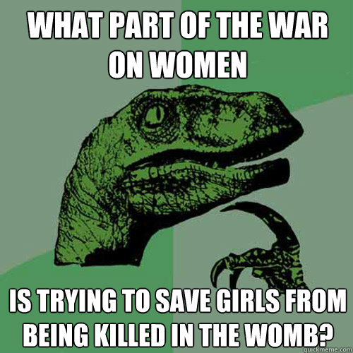 What part of the war on women is trying to save girls from being killed in the womb? - What part of the war on women is trying to save girls from being killed in the womb?  Philosoraptor