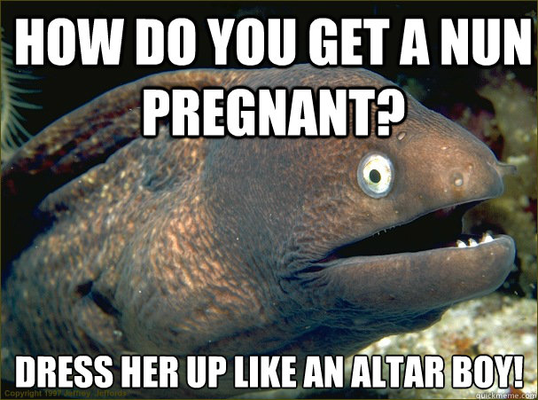 How do you get a nun pregnant?  Dress her up like an altar boy!  Bad Joke Eel