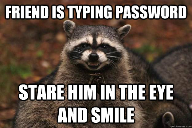 Friend is typing password Stare him in the eye and smile  Evil Plotting Raccoon