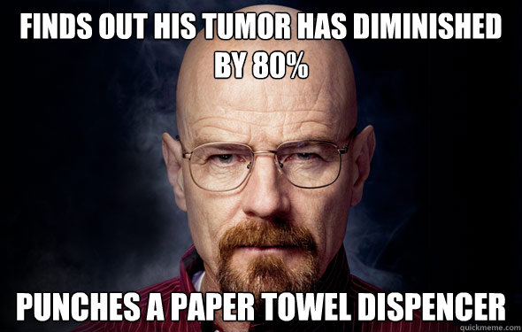 Finds out his tumor has diminished by 80% Punches a paper towel dispencer  Heisenberg