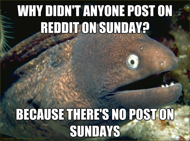 Why didn't anyone post on reddit on Sunday? Because there's no post on Sundays  Bad Joke Eel