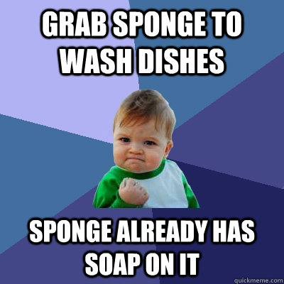 grab sponge to wash dishes sponge already has soap on it  Success Kid