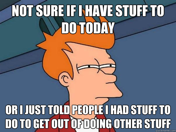 Not sure if I have stuff to do today or I just told people I had stuff to do to get out of doing other stuff - Not sure if I have stuff to do today or I just told people I had stuff to do to get out of doing other stuff  Futurama Fry