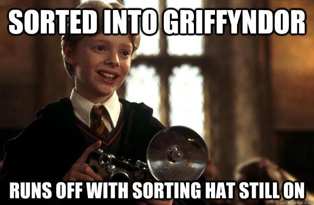 sorted into griffyndor runs off with sorting hat still on  