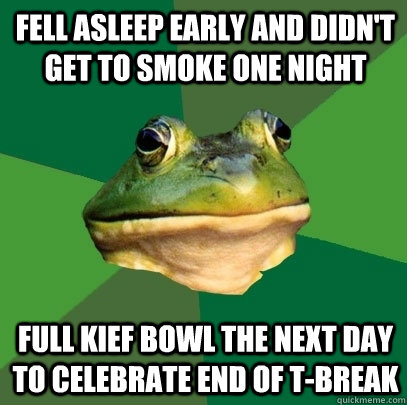 Fell asleep early and didn't get to smoke one night full kief bowl the next day to celebrate end of T-break - Fell asleep early and didn't get to smoke one night full kief bowl the next day to celebrate end of T-break  Foul Bachelor Frog